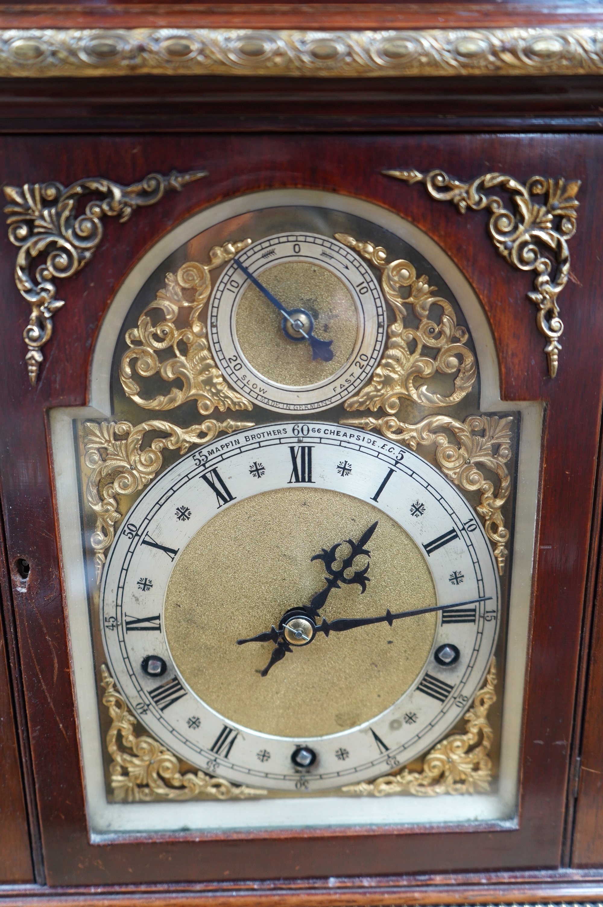 A W&H mahogany three train bracket clock, keys and pendulum, 44cm. Condition - fair to good, not tested